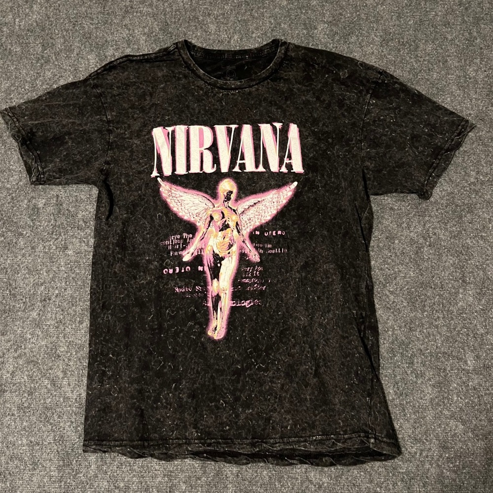 Nirvana In Utero Pink Angel Graphic T-Shirt Acid Wash Black Mens Large